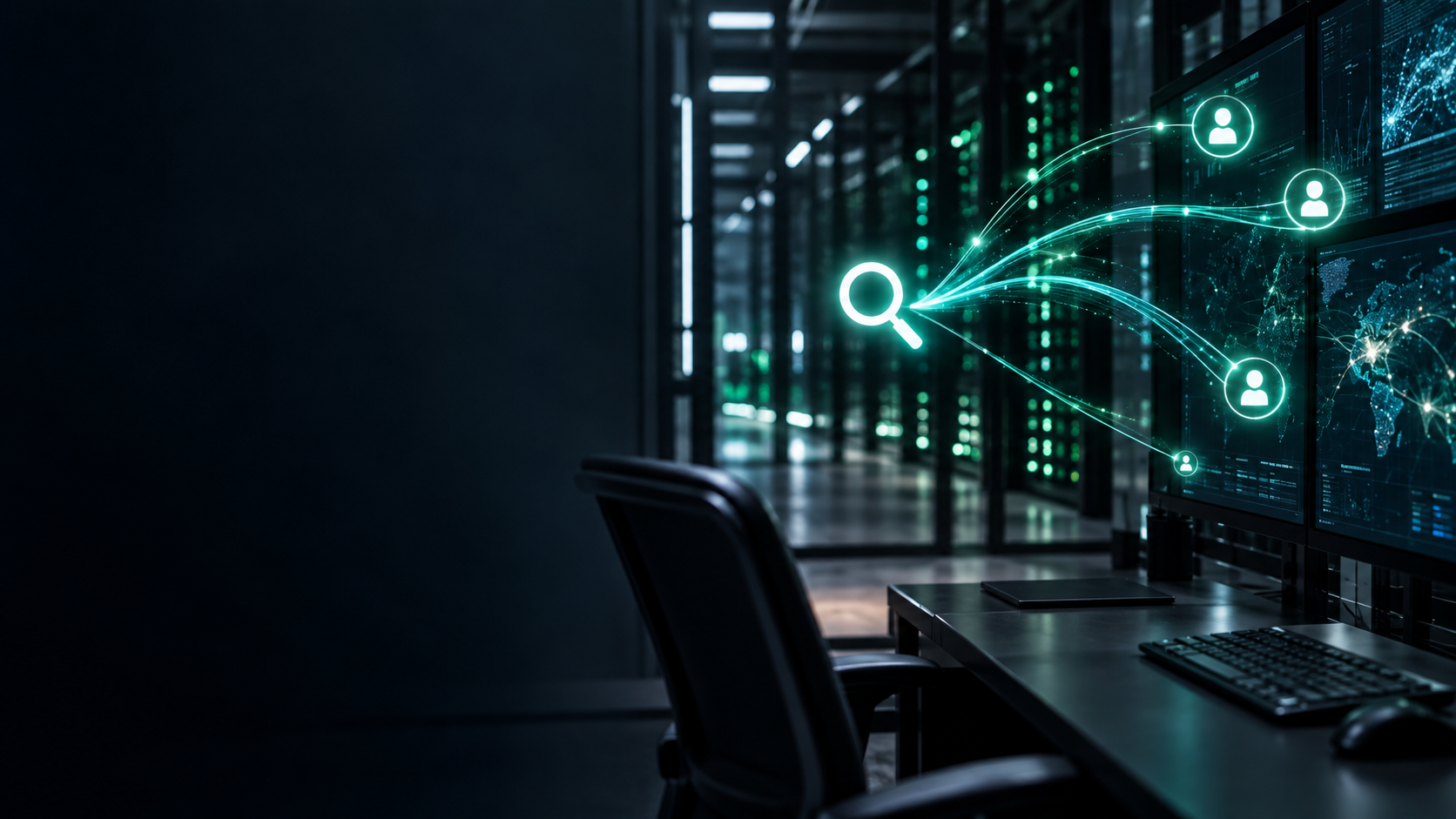 Illustration of a cybersecurity operations workspace and a path from search to qualified contacts